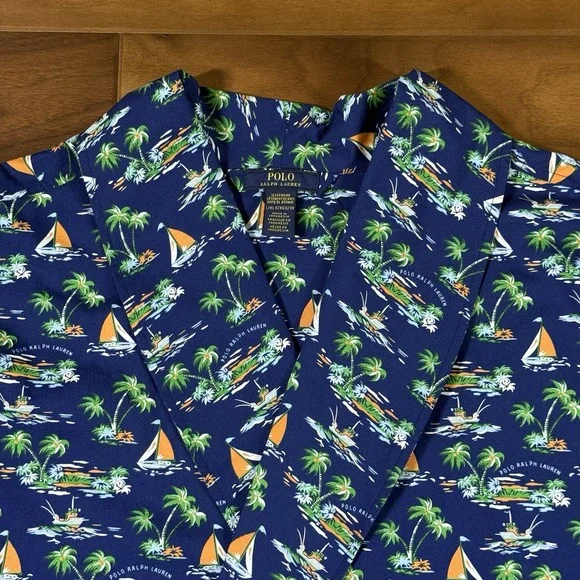 Polo Ralph Lauren Mens Size L / XL Blue Tropical Sailboat Print 100% Cotton Robe - Picture 7 of 13